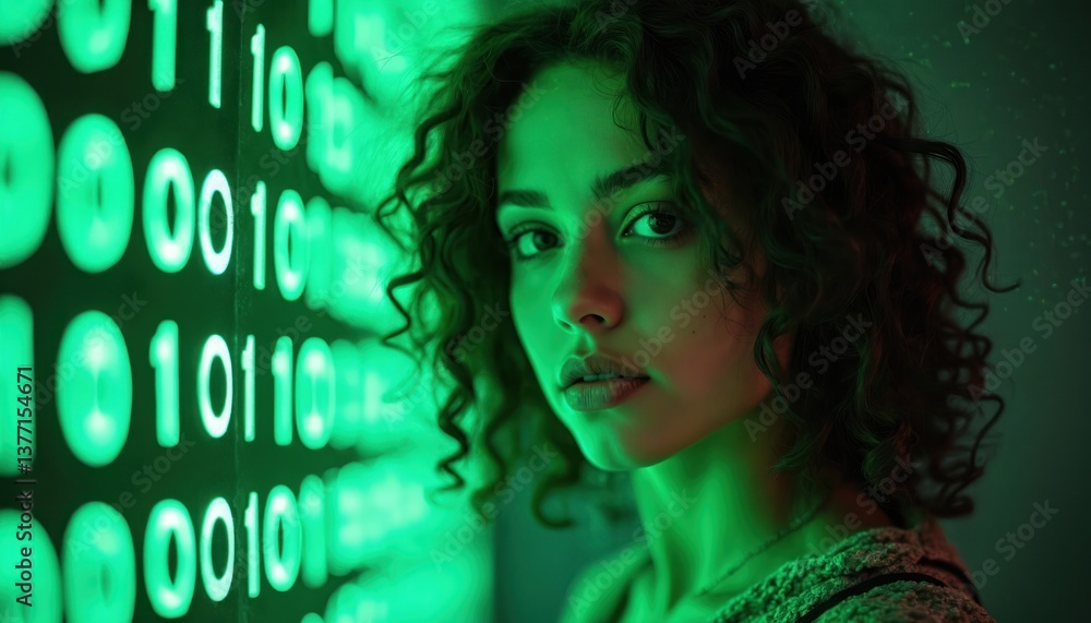Poster beautiful woman with curly hair in front of green binary code. portrait in cyberpunk style, digital 