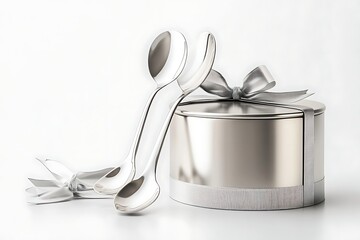 Elegant silver spoons set with gift box and ribbon, luxurious silverware presentation, tableware