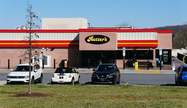 Lancaster County, Pennsylvania, U.S - April 1, 2025 - Rutter's gas station and convenience store, showcasing the vibrant red and yellow branding.