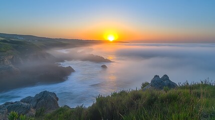 Captivating sunset over the ocean with waves glistening in the golden light creating a calm and serene atmosphere 