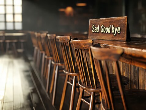 Empty rustic bar with wooden chairs and a sign saying 'Sad Goodbye', evoking a sense of nostalgia and farewell.