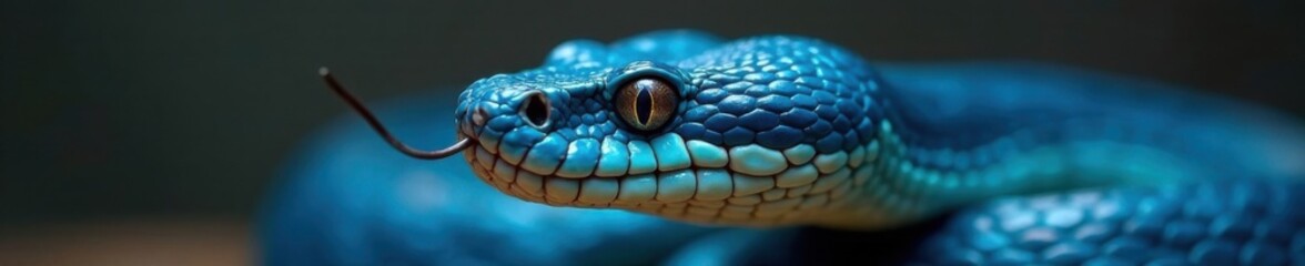 Fototapeta premium Slithery blue viper snake closeup face with forked tongue, closeup, blue viper, reptile