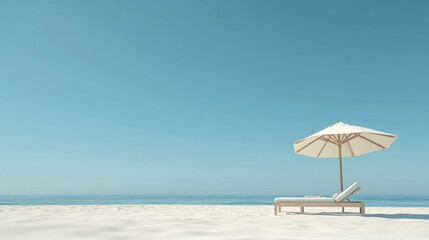 Fototapeta premium Serene beach scene with chaise lounge and parasol under a clear sky.