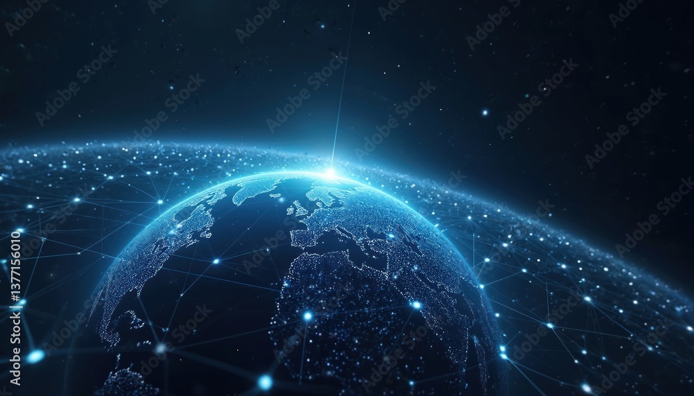 Poster global network visualization. earth illuminated by data connections in space with star background. t