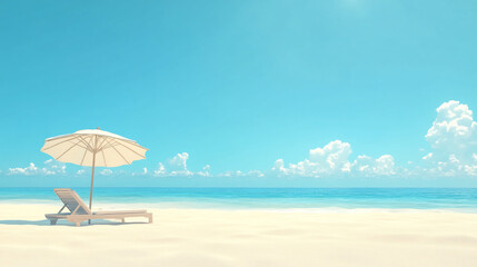 Fototapeta premium Serene beach scene with chaise lounge and parasol under sunny sky.
