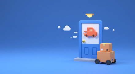 Speedy delivery arriving at your doorstep, a joyful surprise of packages on a bright blue background with simple 3D design.