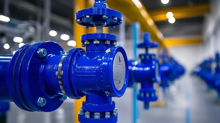 Industrial pipes and blue valves in a pristine facility a testament to technical innovation and industrial efficiency sleek design and immaculate environment cutting edge technology on