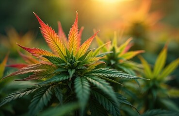 Vibrant cannabis plant with green leaves and colorful edges. Perfect 420 day photo. Marijuana herb detail, hemp leaves, medical cannabis, plant, drug, recreational, health, wellness.