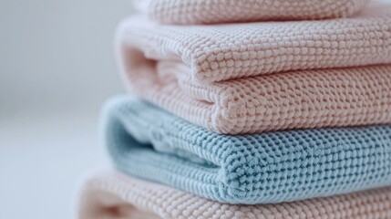 Stacked pastel clothing, soft textures, indoors, blurred background