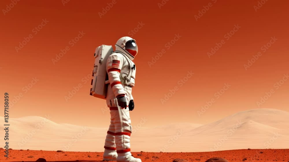 Poster side view of an astronaut walking on mars' surface, showcasing a futuristic exploration concept. the