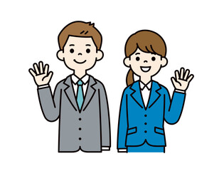 笑顔で手を振る、若い男女の会社員のベクターイラスト素材＿＿線の編集可能＿カラー