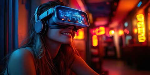 Fototapeta premium A woman is wearing a virtual reality headset and smiling