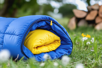 Comfortable sleeping bag spread out on the grass in a beautiful natural setting perfect for campers and outdoor enthusiasts