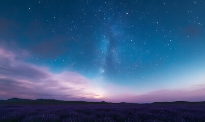 Fototapeta premium Lavender night field with starry sky, and northern lights, Generative AI