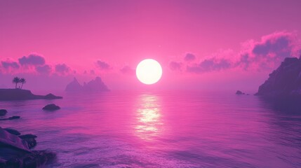 Pink sunset over tranquil ocean with islands and palm trees.