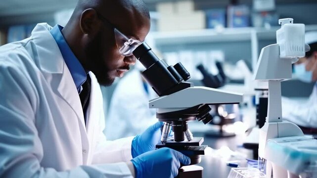 Close-up video angle of a scientist in a lab coat using a microscope, highlighting precision and focus in a modern laboratory setting.
