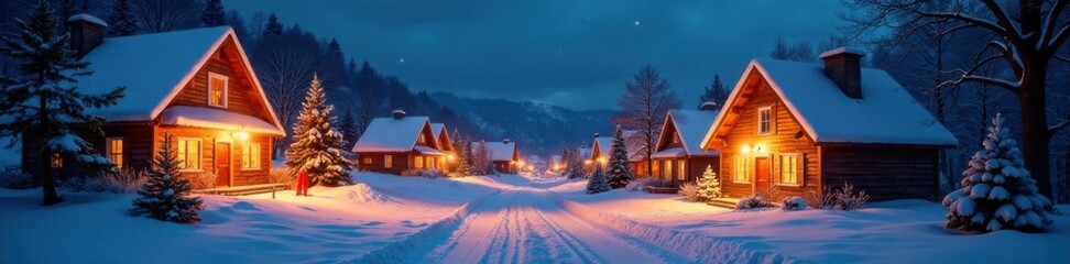 Snowy village scene at night with festive lights and Christmas decorations, Christmas, Lights