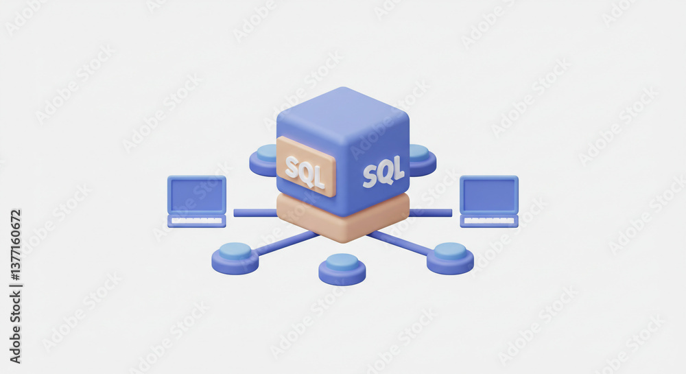 Aufkleber a playful 3d illustration of a central sql database server effortlessly connecting multiple devices,