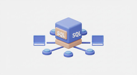 A playful 3D illustration of a central SQL database server effortlessly connecting multiple devices, showcasing seamless data sharing with a calming pastel color palette.