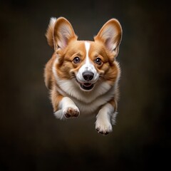 A playful corgi dog leaping joyfully into the air in a captivating moment of pet photography outdoors
