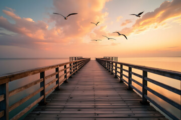 Serene Sunset over the Pier, A Romantic Pre-Wedding Backdrop with Birds Flying above the Ocean at Twilight, Captured with Breathtaking Beauty and Calmness