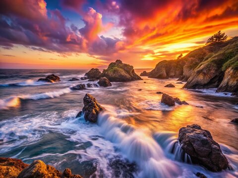 California Coastline Long Exposure, Dramatic Ocean Waves Crashing on Rocky Shore at Sunset