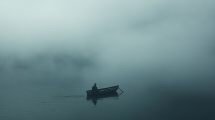 Solitary boat on a misty water surface