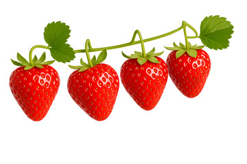 Four ripe strawberries hang on a green stem with leaves, set against a black background.