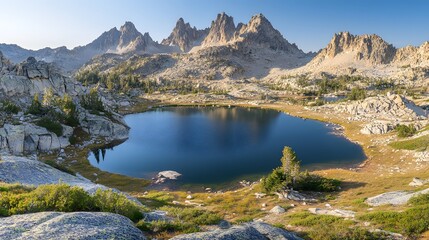 Fototapeta premium Picturesque lake framed by rocks and lush trees creating a stunning natural landscape that evokes peace and serenity