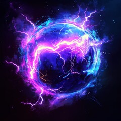 A glitch art representation of a purple and blue sphere with lightning effects in neon colors creating a futuristic vibe