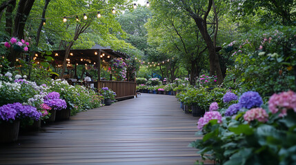 Serene garden path with vibrant flowers and wooden walkway.