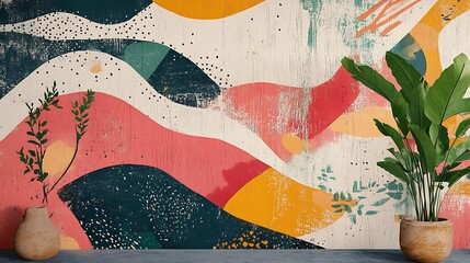 Abstract art wall with plants, and interior.