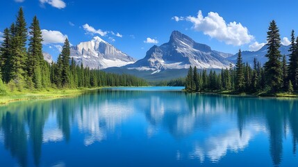 Stunning mountain lake framed by lush trees and a brilliant blue sky with perfectly mirrored reflections 