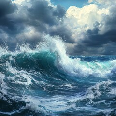 Obraz premium Dramatic Ocean Waves Under Dark Clouds and Bright Sky