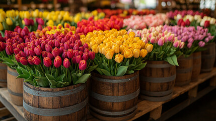 Vibrant tulips in wooden barrels at a flower shop, showcasing the beauty and renewal of spring, symbolizing growth, freshness, and the cheerful essence of the season.

