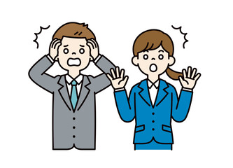 ビックリする、若い男女の会社員のベクターイラスト素材＿＿線の編集可能＿カラー