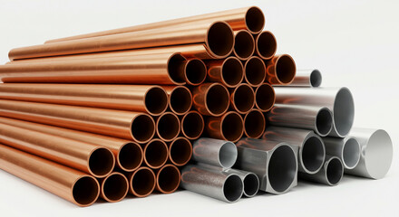 A gleaming stack of copper and aluminum pipes, showcasing industrial strength and precision craftsmanship with a bright, clean studio lighting.