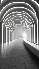 Modern Minimalist Hallway with Arched Neon Lights and Reflection