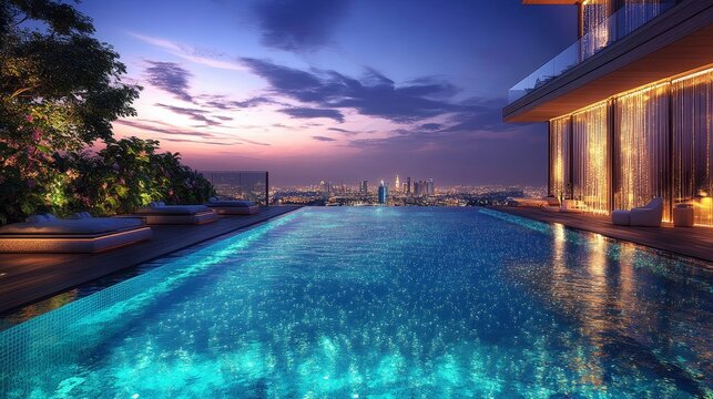 Luxury rooftop infinity pool at sunset with city skyline view and modern architecture