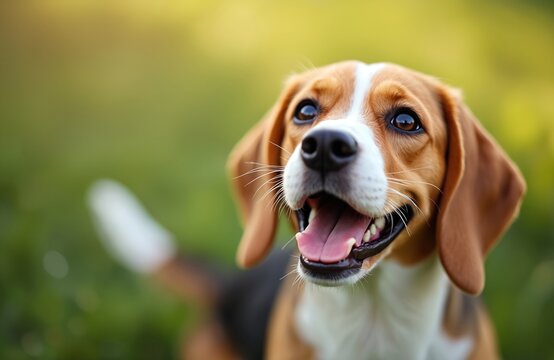Joyful beagle dog smiles, looking upwards. Warm and friendly expression. Cute pet enjoys happy moments. Playful puppy with tongue out. Adorable animal portrait on blurred natural background.