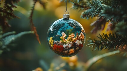 Teal Christmas Ornament on Pine Branch
