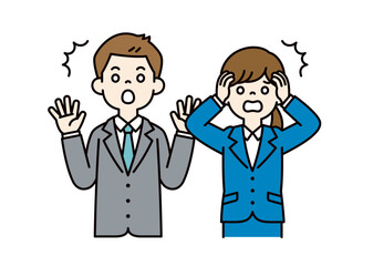 パニックになる、若い男女の会社員のベクターイラスト素材＿＿線の編集可能＿カラー