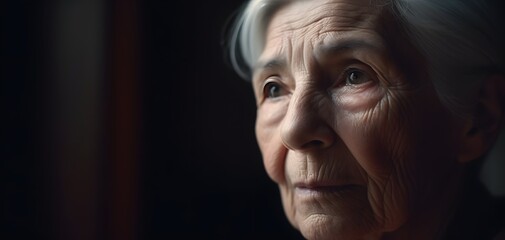 Portrait of an elderly woman with gray hair, deep wrinkles, and a contemplative expression, captured in soft, dramatic lighting against a dark background.