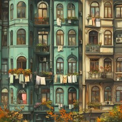 Fototapeta premium Charming turkish style apartment building adorned with colorful flower baskets for urban aesthetic and decor