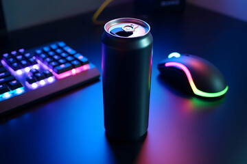 Sleek Metallic Esports Gaming Drink Can with Matt Finish in a Modern Tech Setup, Ideal for Gamers and Esports Enthusiasts Seeking Refreshment During Intense Gaming Sessions
