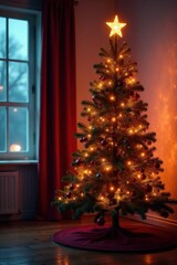 Sparkling Christmas tree in a room with shiny lights, winter, holiday