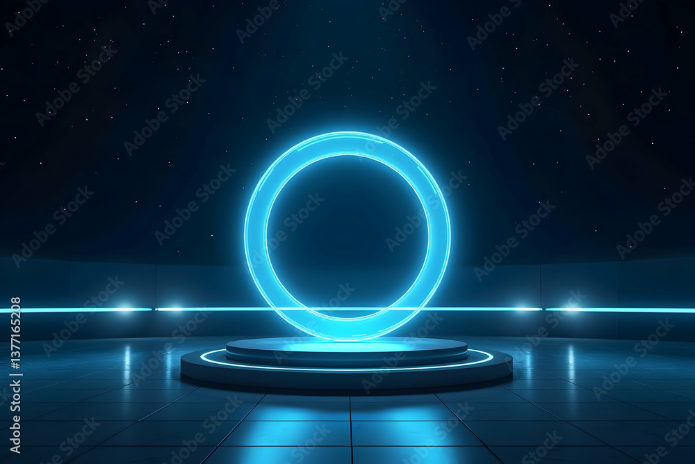 Poster sleek metallic futuristic 3d podium with glowing ring, a modern stage for product presentation and c