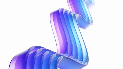 Abstract wavy glass structure with blue and purple dispersion effect.  smooth curved design with  Transparent glossy and light refraction. 3d rendering