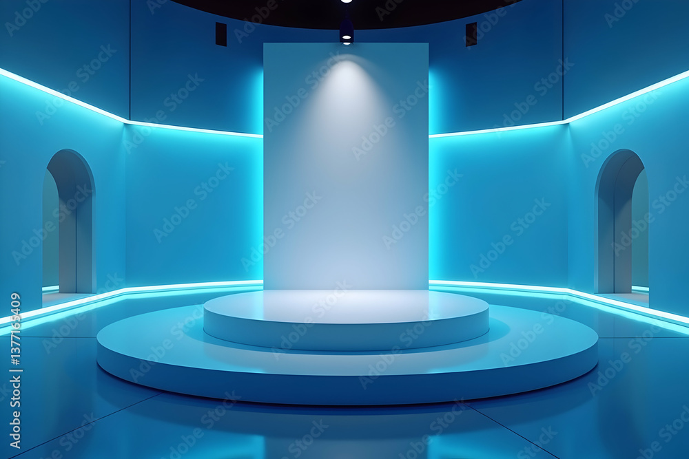Poster sleek minimalist white podium illuminated by neon lights, a modern 3d presentation space for product