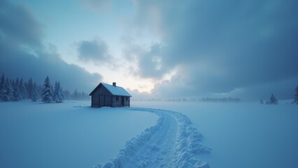 Isolated wooden cabin in vast snowy field under moody sky at winter sunset	